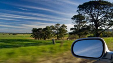 view of field of grass and trees and a side view mirror from inside a car