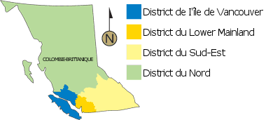 Carte de la Division E illustrant les limites des services policiers du District de l’Île, du District du Lower Mainland, du District du Sud-Est et du District du Nord