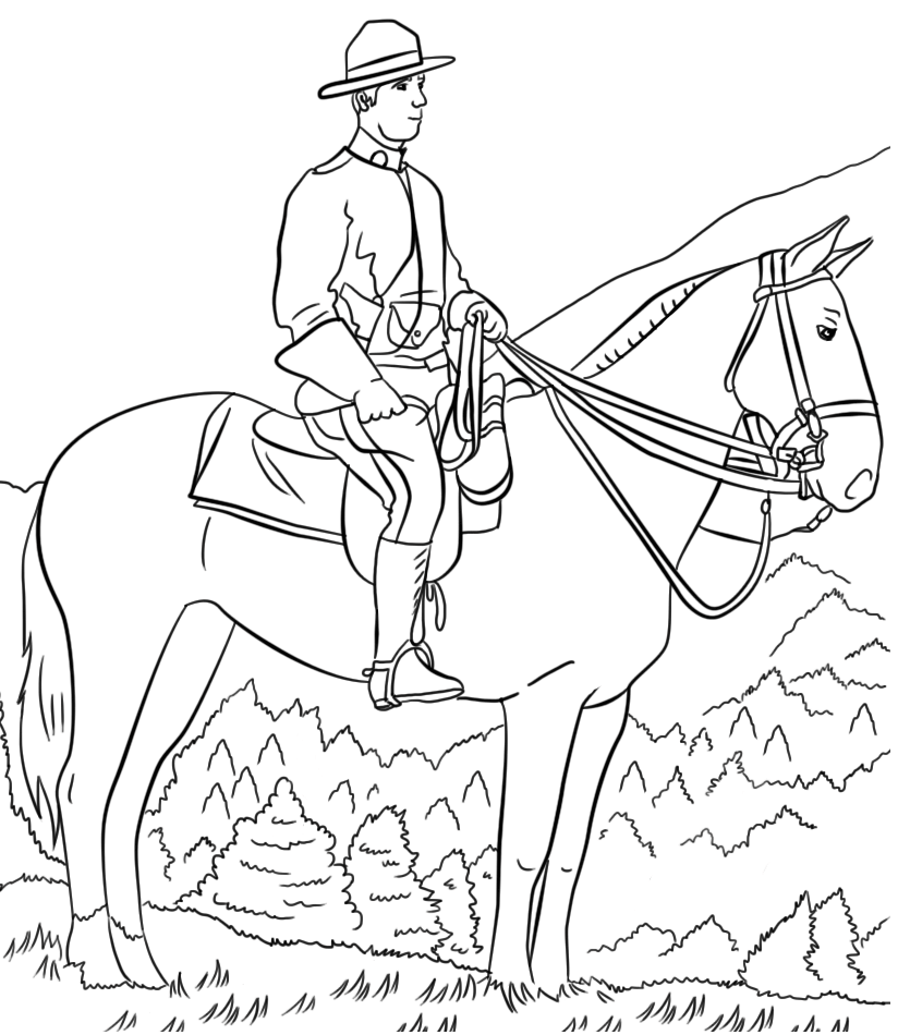 page à colorier d’un membre de la GRC vêtu de sa tunique rouge, qui fait du cheval dans une chaîne de montagnes canadienne