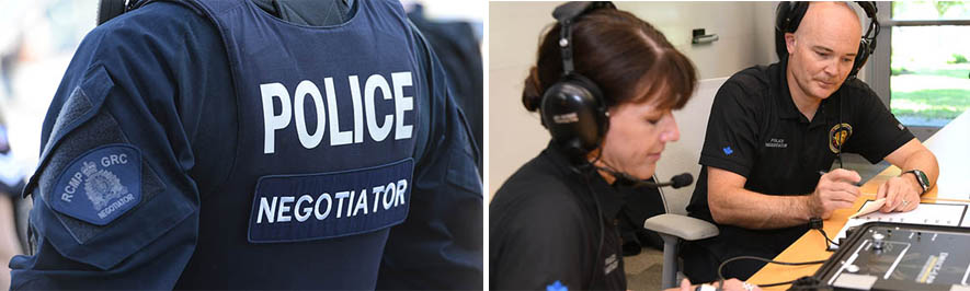 Police Negotiator uniform and a female and male crisis negotiator talking with headphone set on