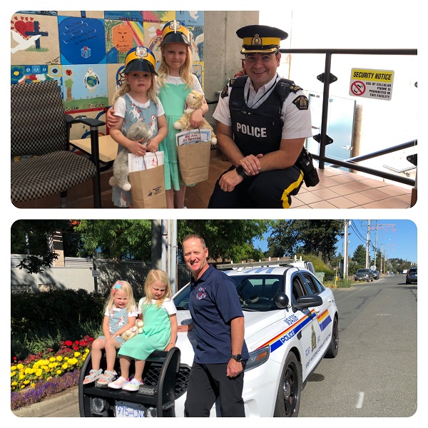 Photo of Insp. Stephen Rose with Evaline and Daniella and photo of Cst. Brewer with Evaline and Daniella along with police car