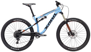 black/blue Kona 150 mountain bike 