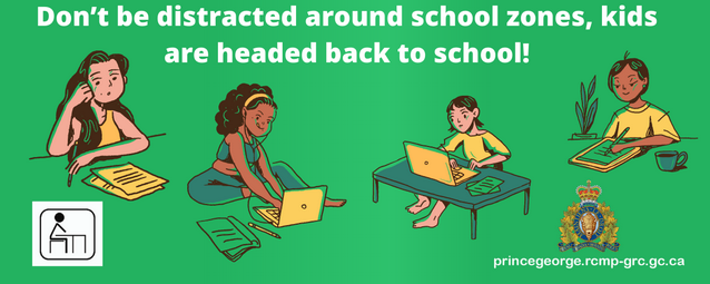 Cartoons of children doing homework on a green background, with the words "Don't be distracted around school zones, kids are heade4d back to school!"